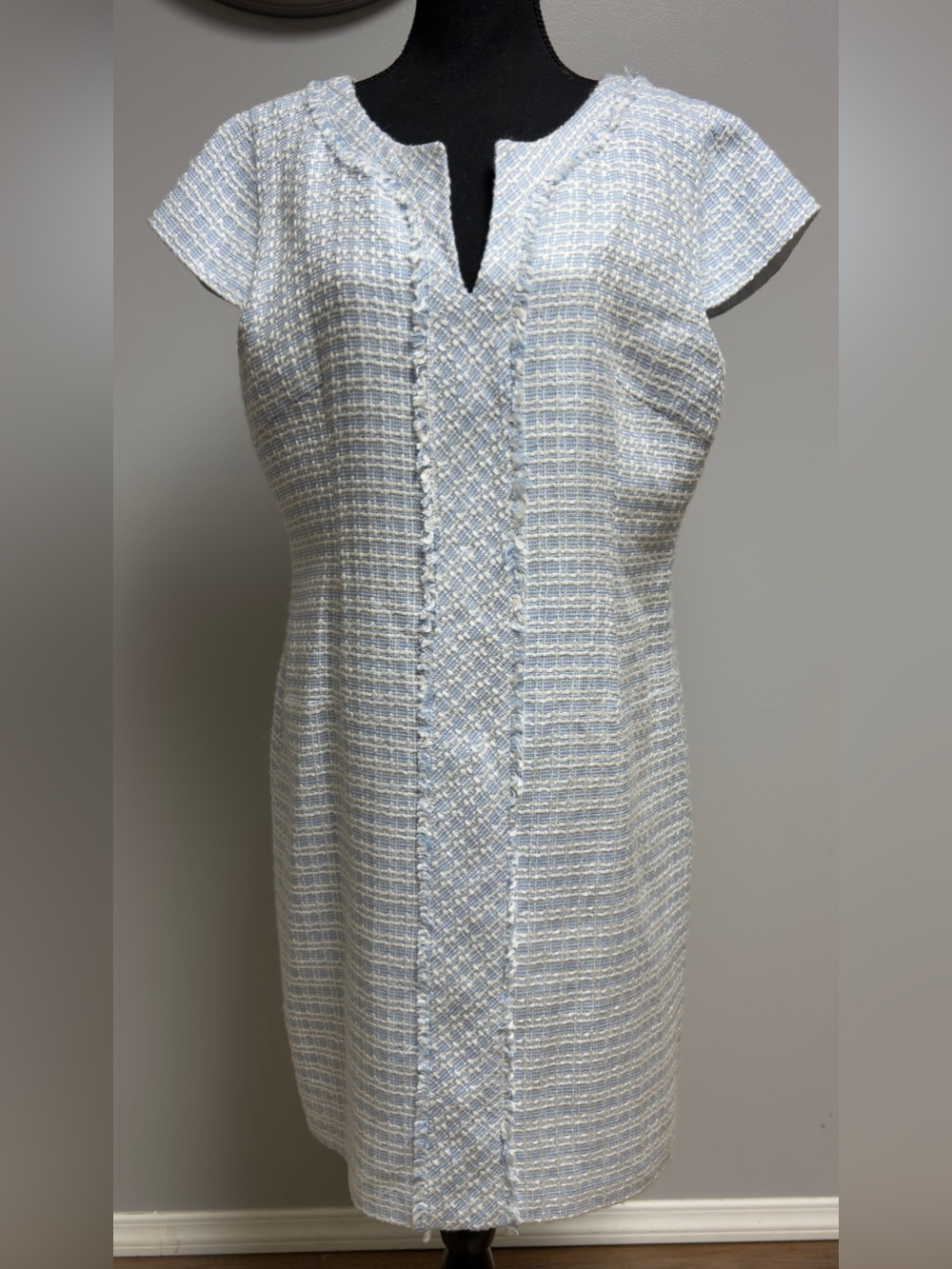 Karl Lagerfeld Paris Tweed Cap Sleeve Sheath Dress Blue White Multi Size 14